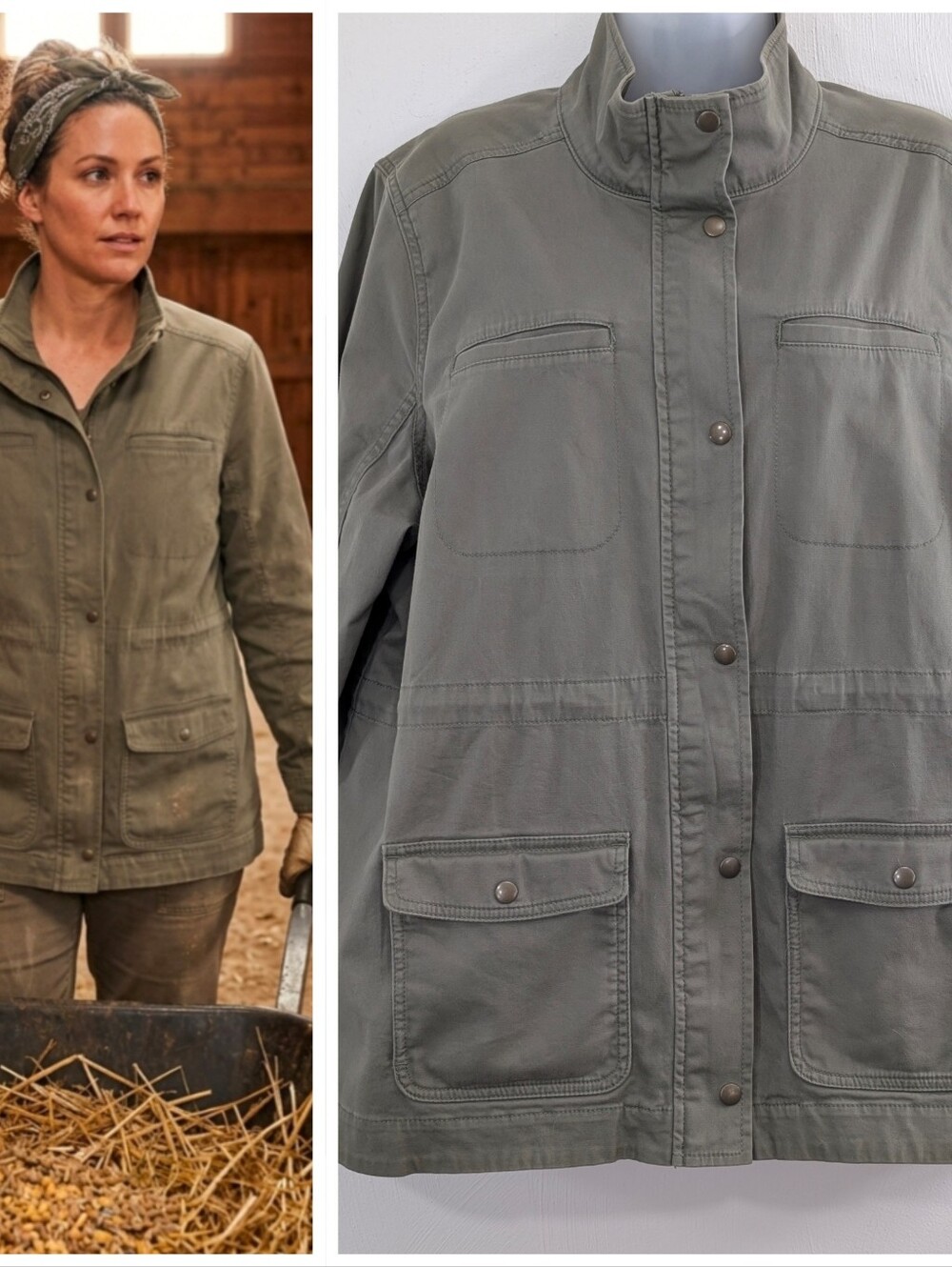 LL BEAN 1X Womens Olive Utility Chore Field Jacket Lightweight Snap/Zip Closure